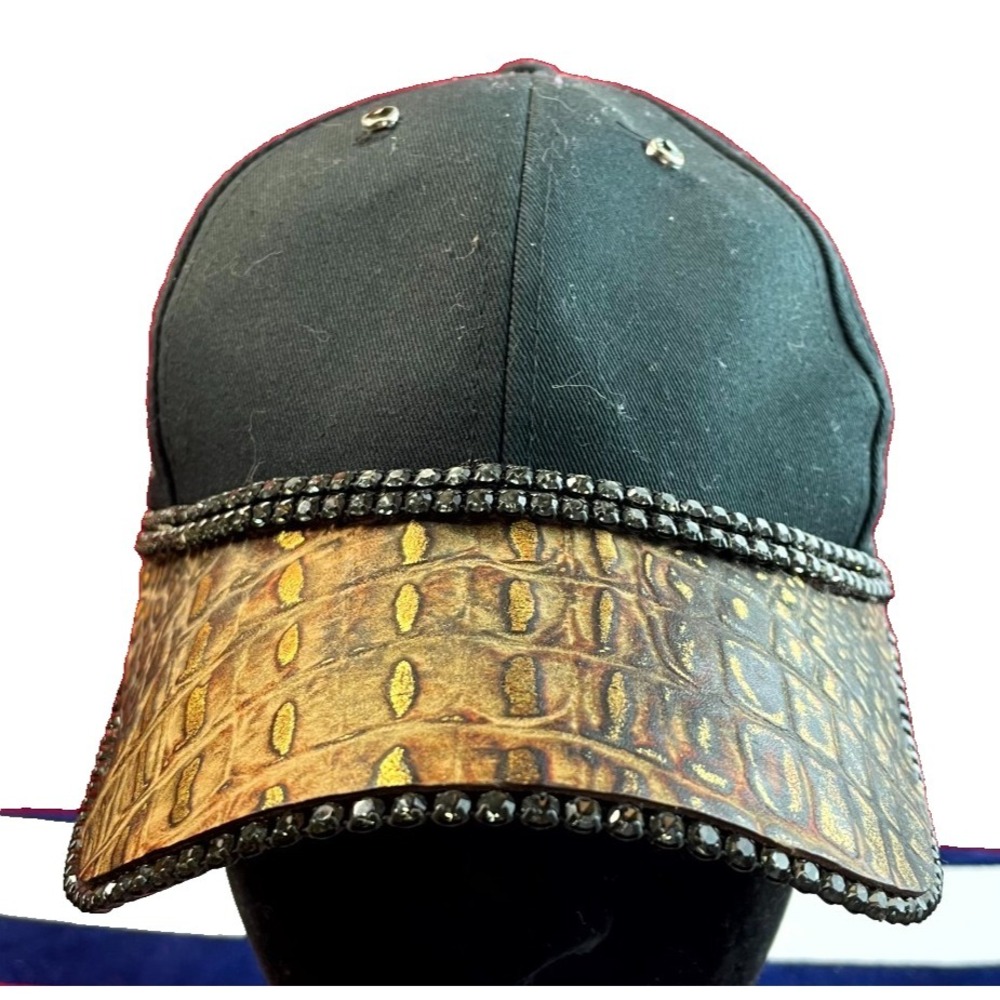 Pat Dahnke Baseball Cap Womens OS Black Alligator Skin Brim Rhinestone Trim Hat